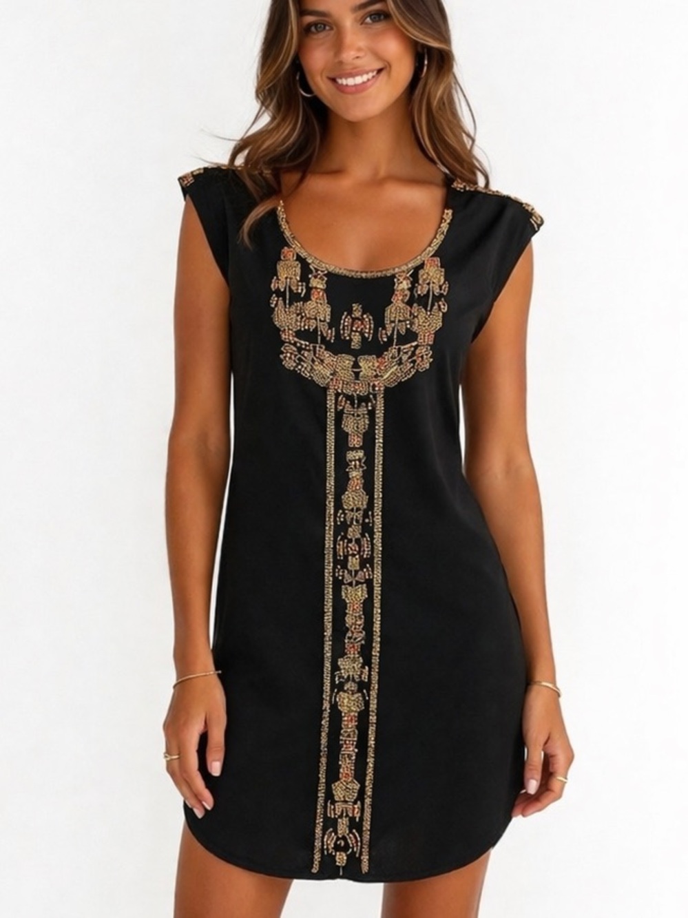 RW&Co. Detailed Beading Embellished African / Egyptian Mini Black Dress Small